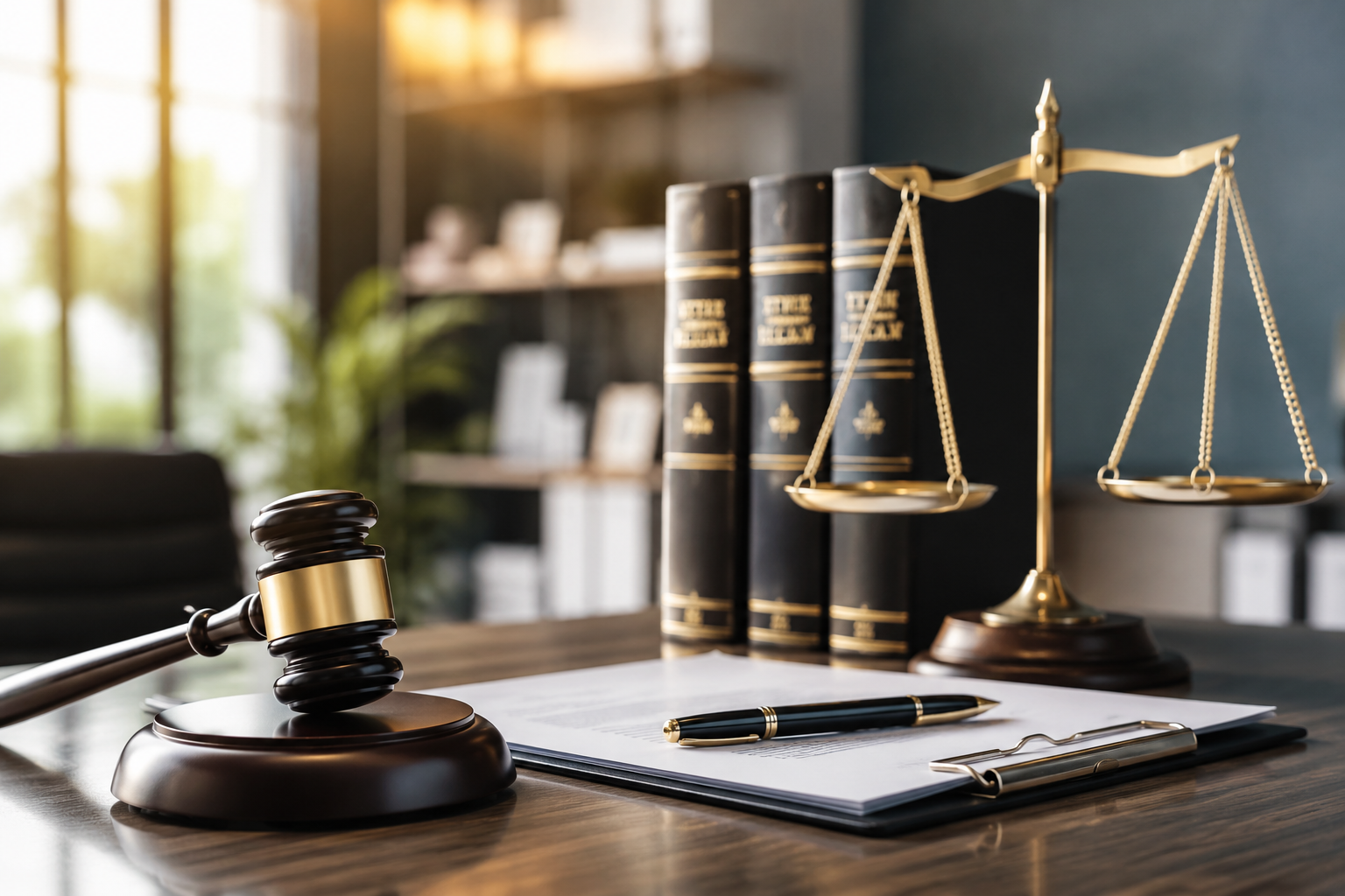 Livres de droit, marteau et balance de la justice — Assistance Juridique MGI